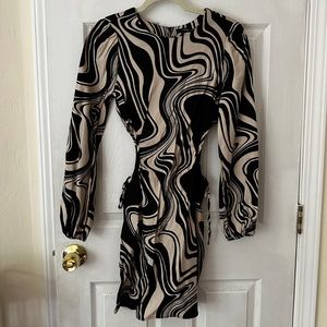 Cutout linen blend black & cream mini dress